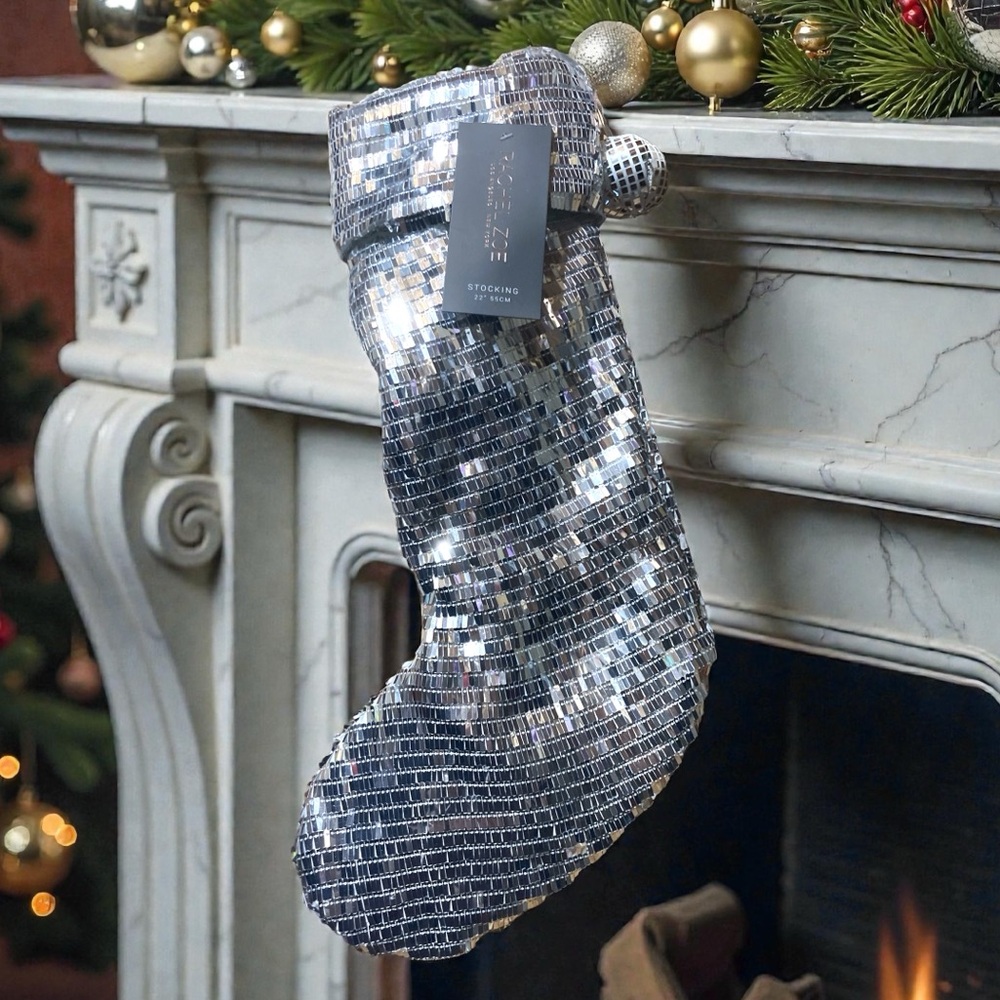 Rachel Zoe Silver Holiday Stocking Mirror Ball 
22” New